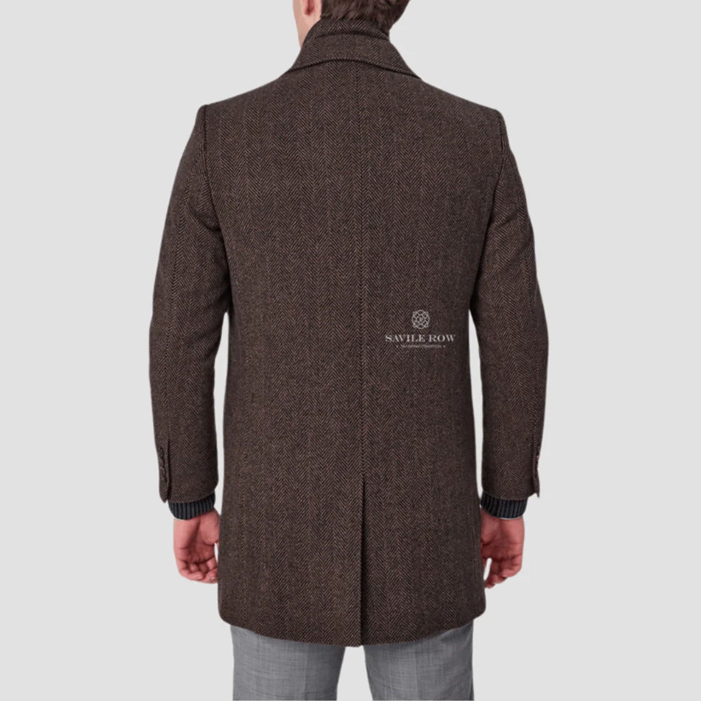 SAVILE ROW JARED PURE WOOL HERRINGBONE REMOVABLE COLLAR OVERCOAT SO03OCA