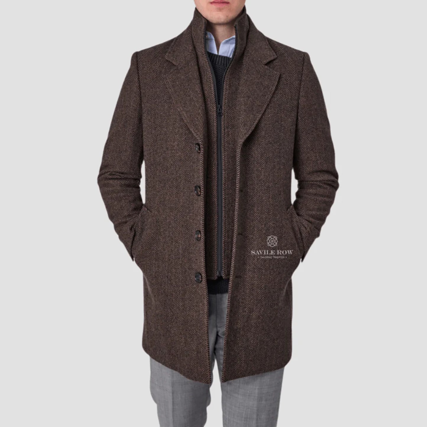 SAVILE ROW JARED PURE WOOL HERRINGBONE REMOVABLE COLLAR OVERCOAT SO03OCA