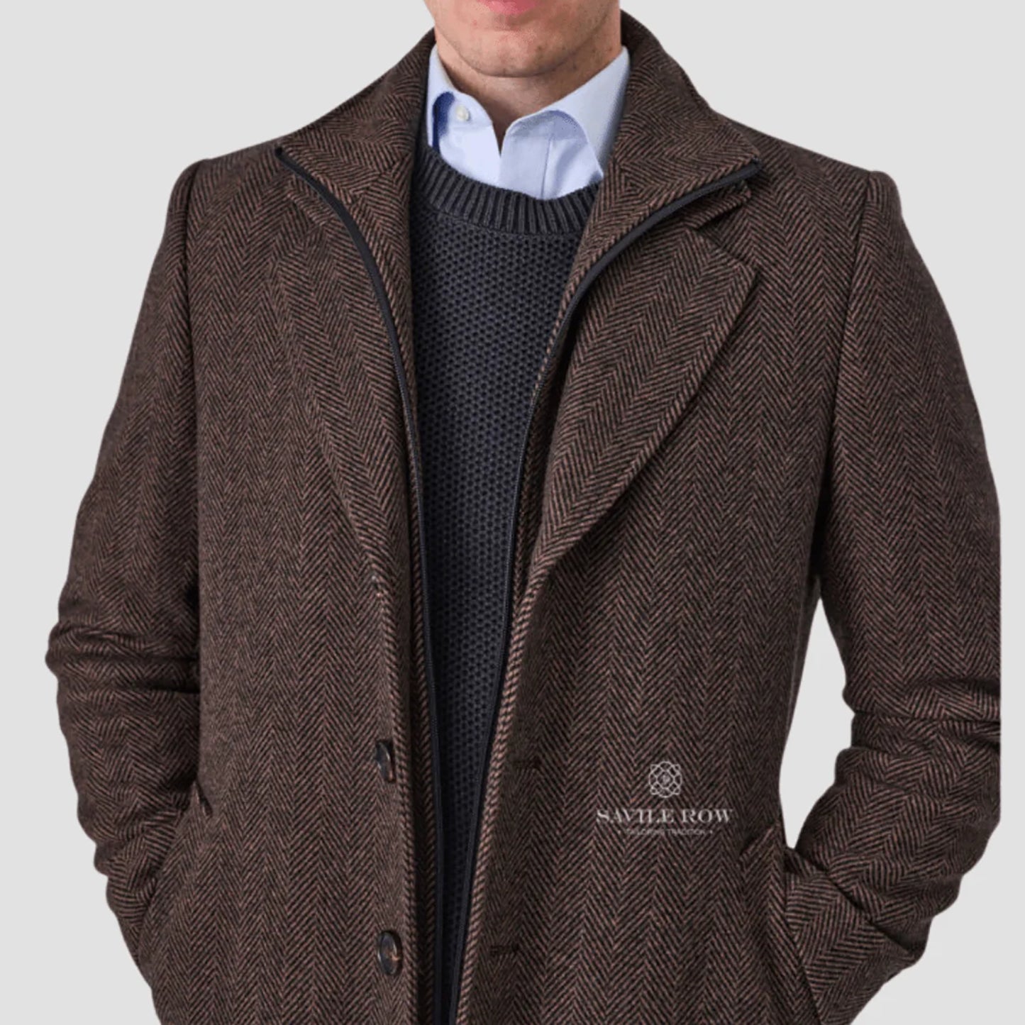SAVILE ROW JARED PURE WOOL HERRINGBONE REMOVABLE COLLAR OVERCOAT SO03OCA