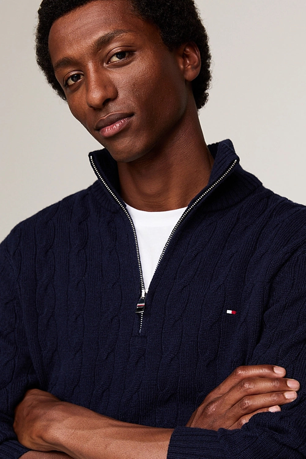 TOMMY HILFIGER LAMBSWOOL CABLE ZIP MOCK NECK KNIT MW0MW37898