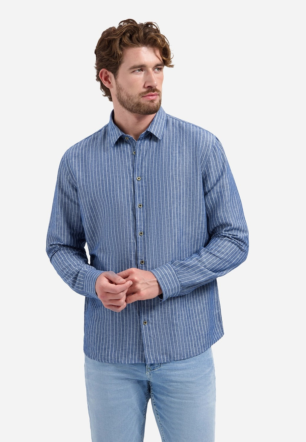 No Excess Linen Fine Stripe Long Sleeve Shirt in Indigo Blue
