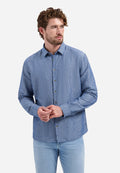 No Excess Linen Fine Stripe Long Sleeve Shirt in Indigo Blue