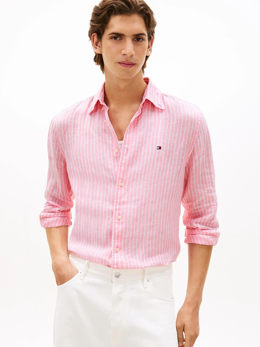 Tommy Hilfiger Linen Bengal Stripe Long Sleeve Shirt in Classic Pink
