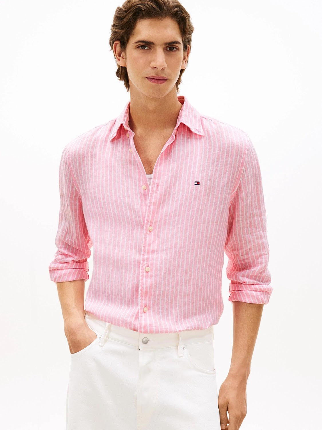 Tommy Hilfiger Linen Bengal Stripe Long Sleeve Shirt in Classic Pink