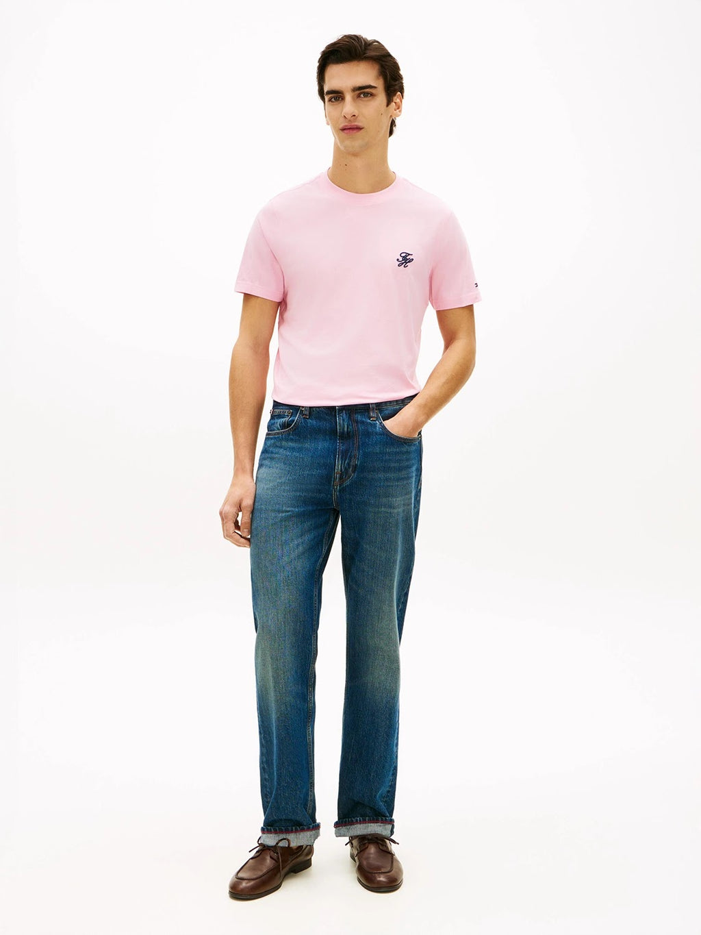 Tommy Hilfiger Script Logo Mercerised Cotton Jersey Tee in Classic Pink
