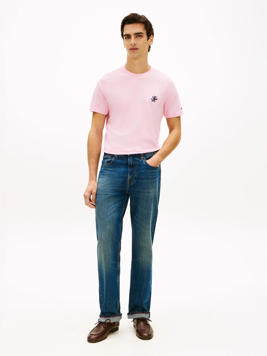 Tommy Hilfiger Script Logo Mercerised Cotton Jersey Tee in Classic Pink