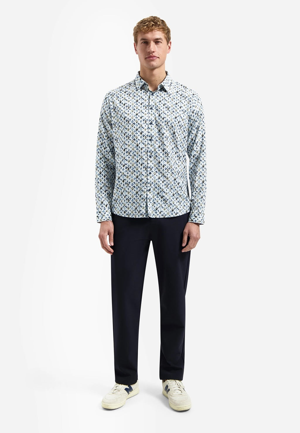 No Excess Printed Stretch Cotton Long Sleeve Shirt in Blue