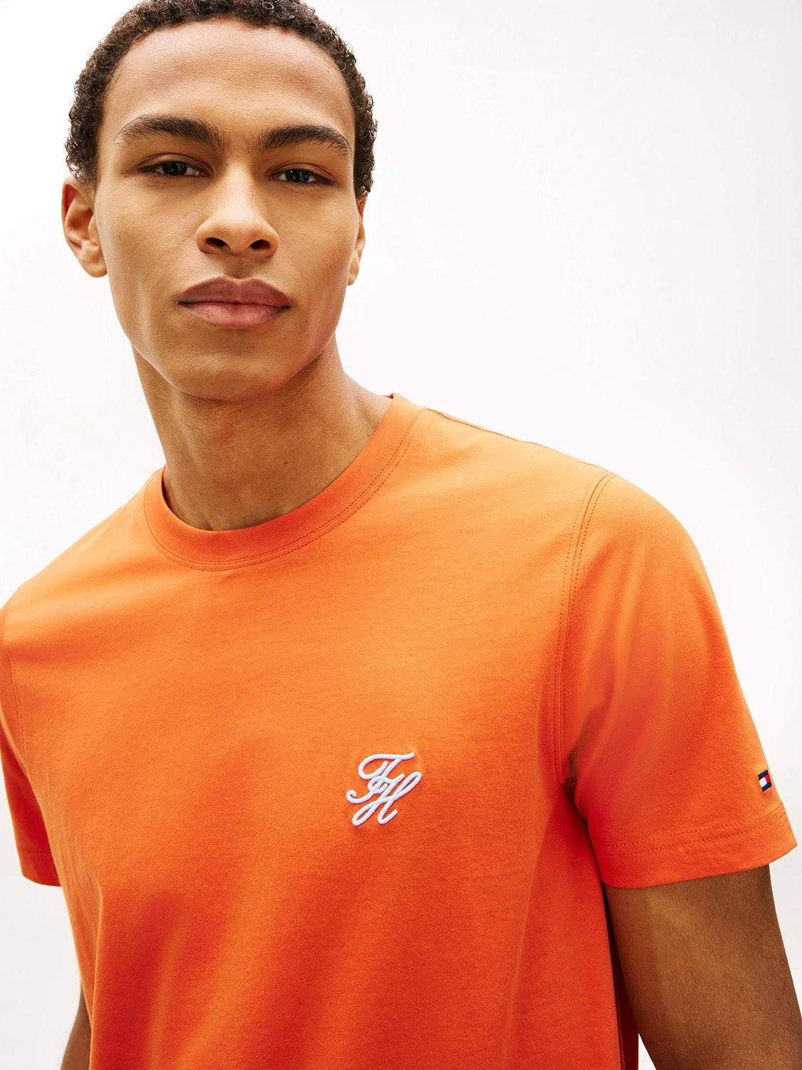 Tommy Hilfiger Script Logo Mercerised Cotton Jersey Tee in Brilliant Orange