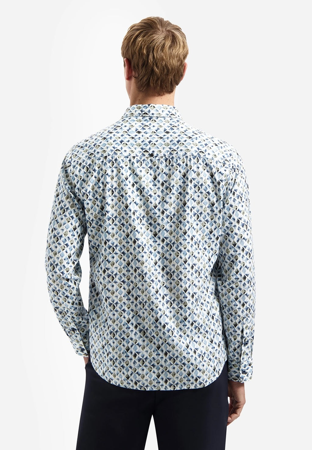 No Excess Printed Stretch Cotton Long Sleeve Shirt in Blue