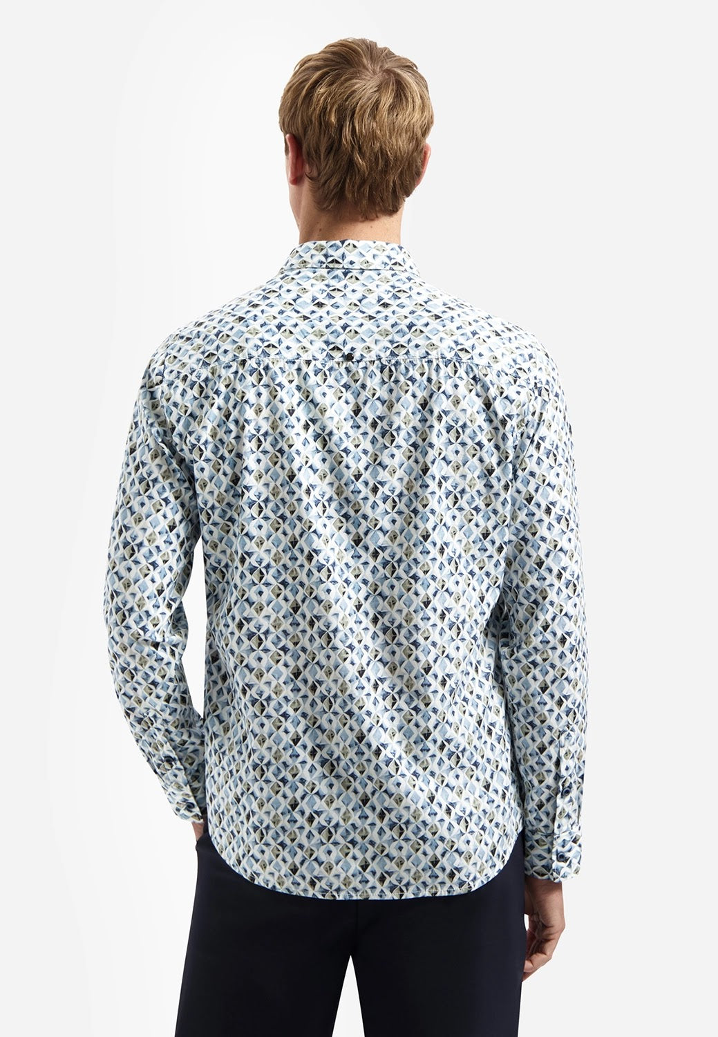 No Excess Printed Stretch Cotton Long Sleeve Shirt in Blue