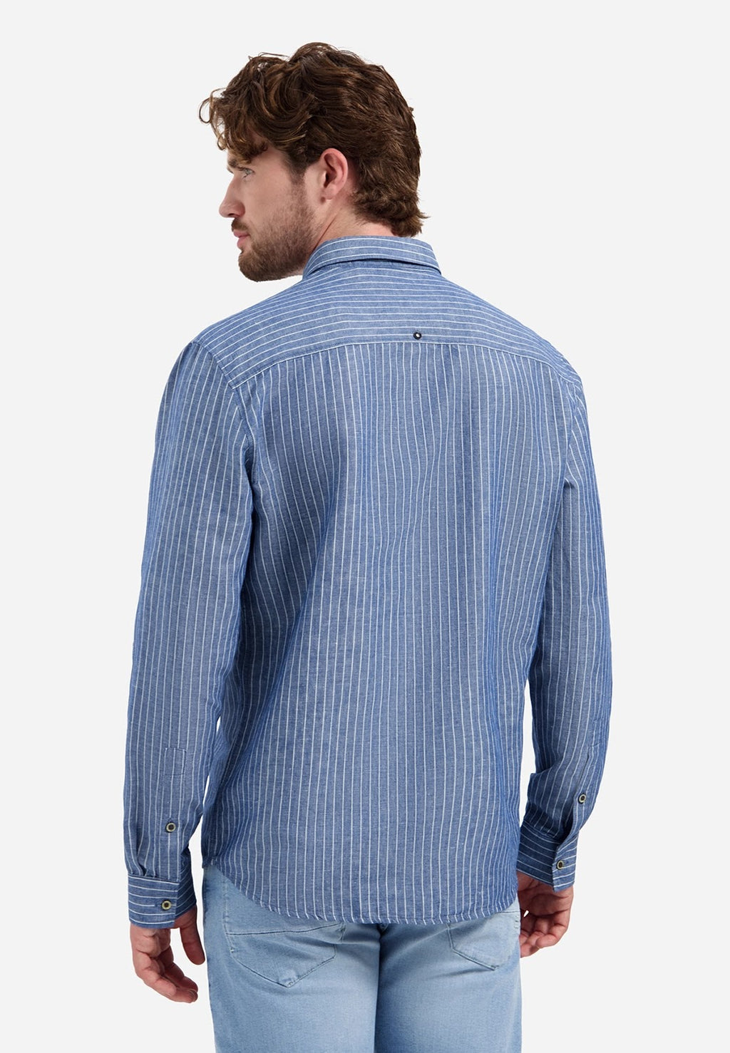 No Excess Linen Fine Stripe Long Sleeve Shirt in Indigo Blue