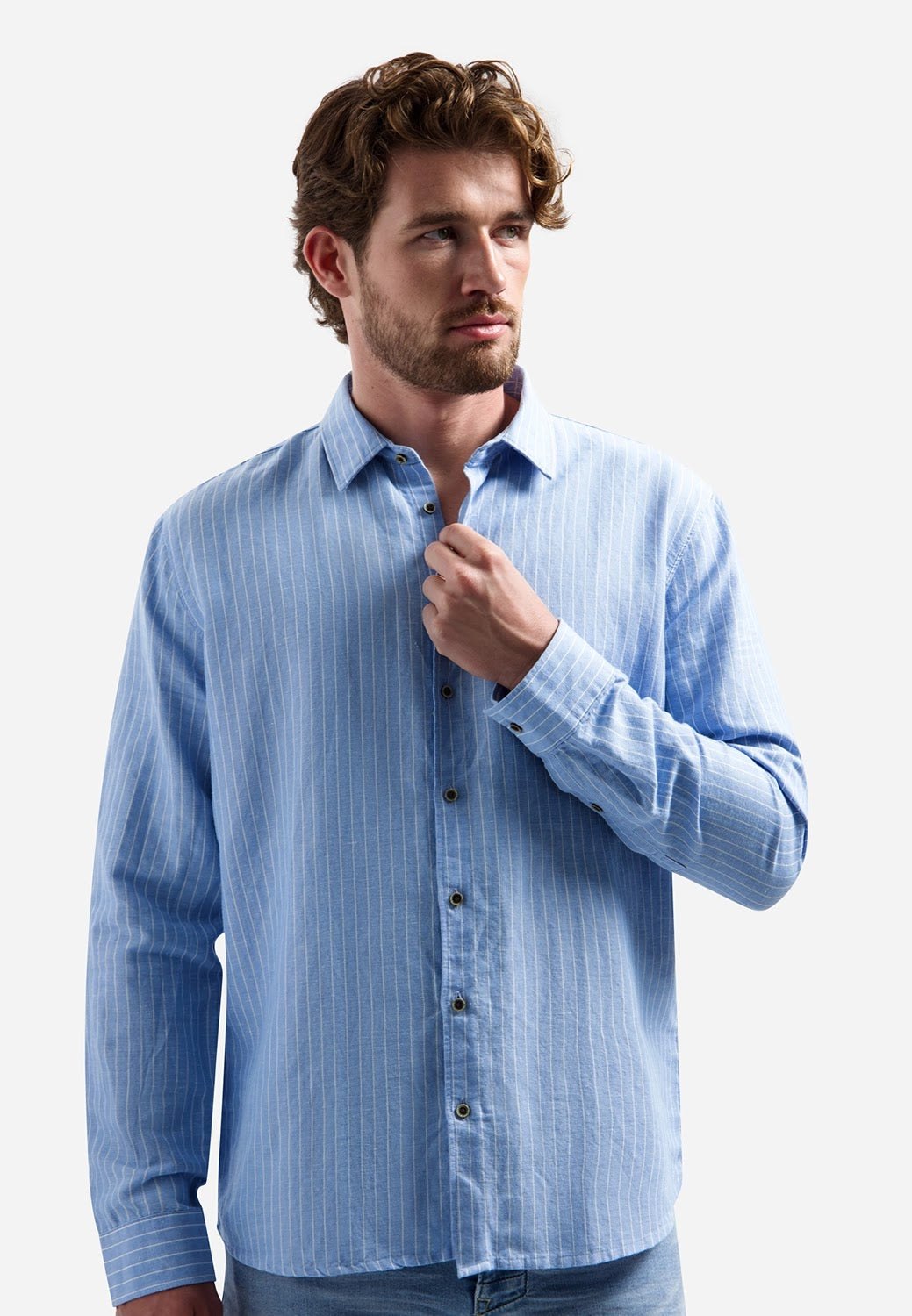 No Excess Linen Fine Stripe Long Sleeve Shirt in Blue