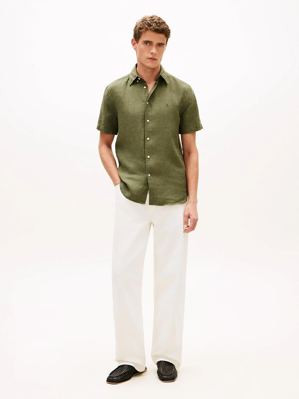 Tommy Hilfiger 100% Linen Short Sleeve Shirt in Dark Artichoke