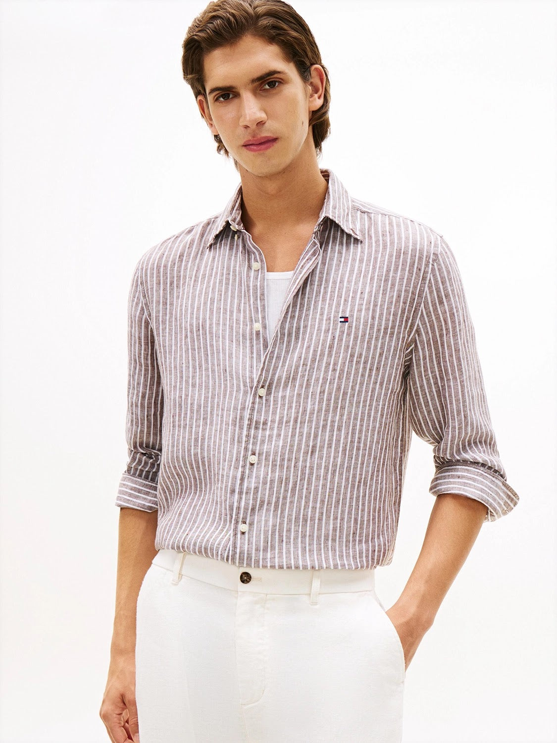 Tommy Hilfiger Linen Bengal Stripe Long Sleeve Shirt in Legacy Brown