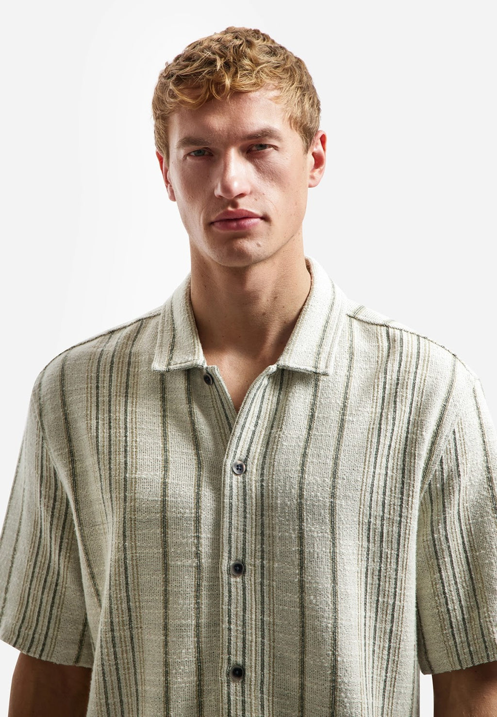 No Excess Soft Cotton Textured Stripe Short Sleeve Shirt in Desert