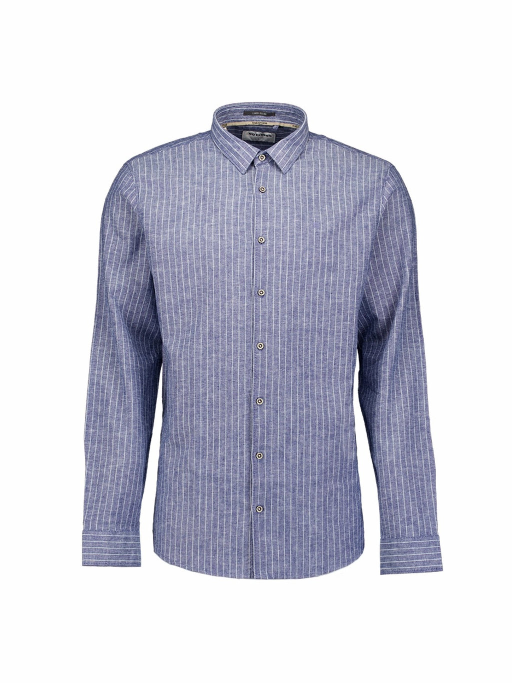 No Excess Linen Fine Stripe Long Sleeve Shirt in Indigo Blue