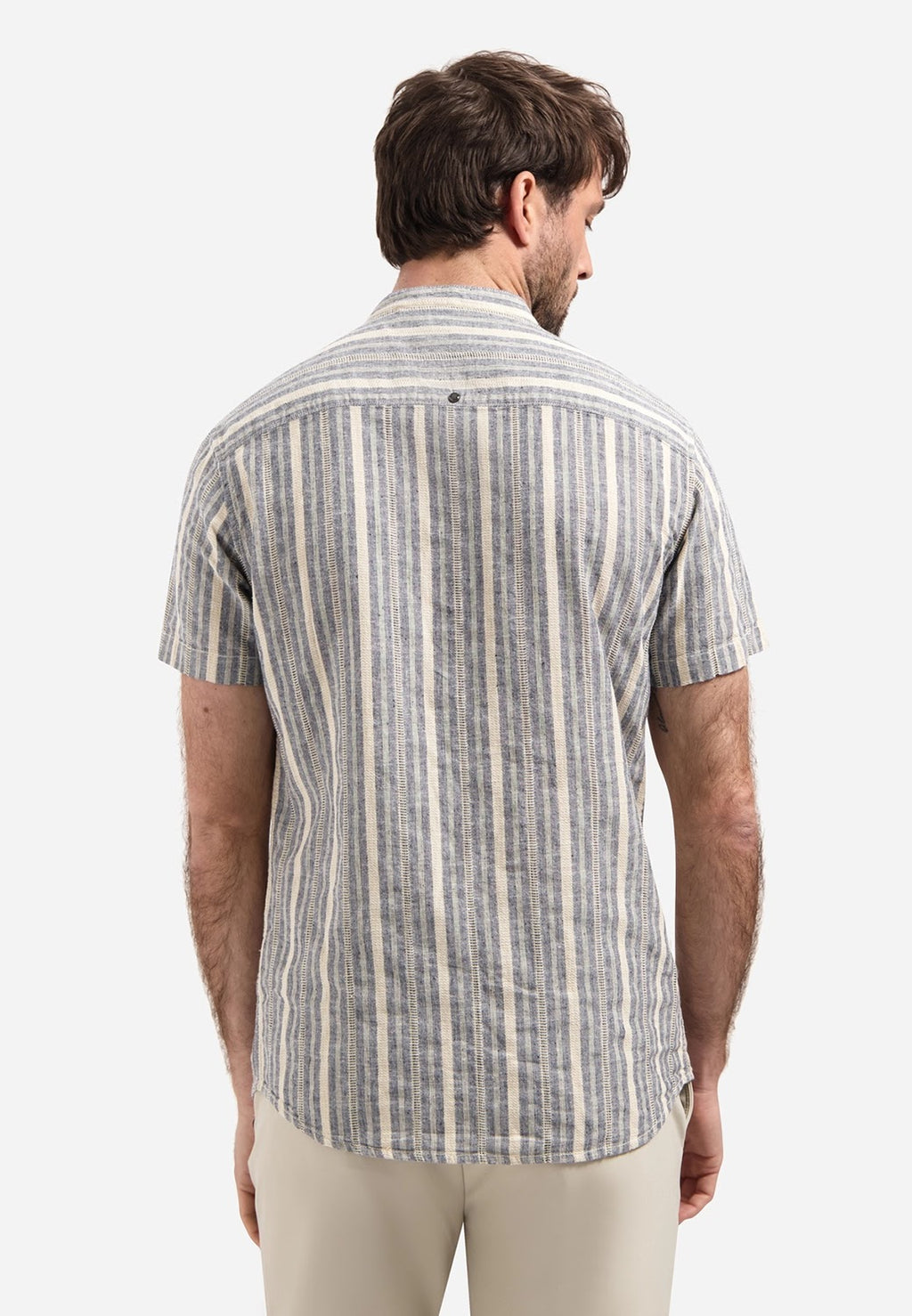 No Excess Cotton Linen Stripe Grandad Collar Short Sleeve Shirt in Blue