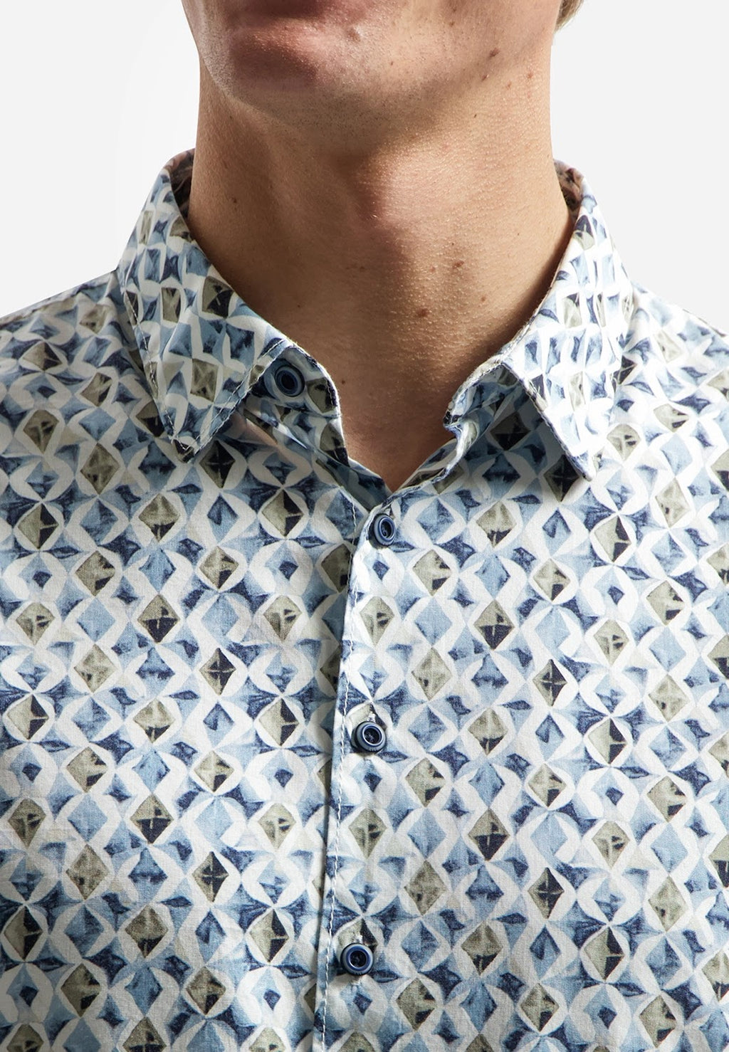 No Excess Printed Stretch Cotton Long Sleeve Shirt in Blue