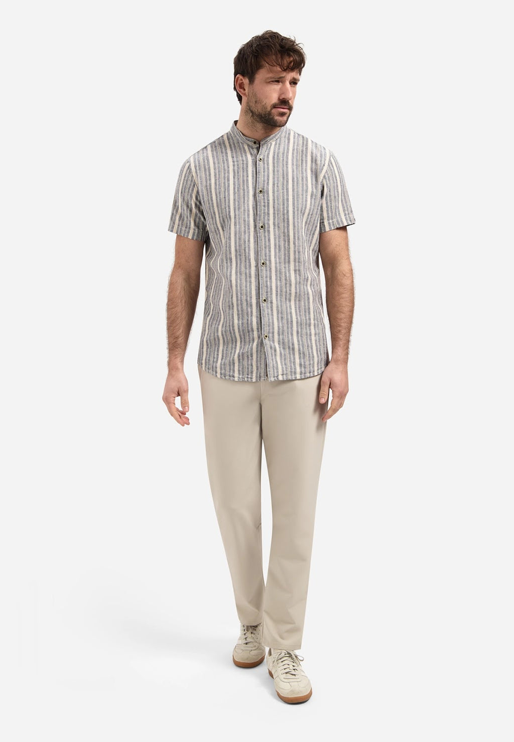 No Excess Cotton Linen Stripe Grandad Collar Short Sleeve Shirt in Blue