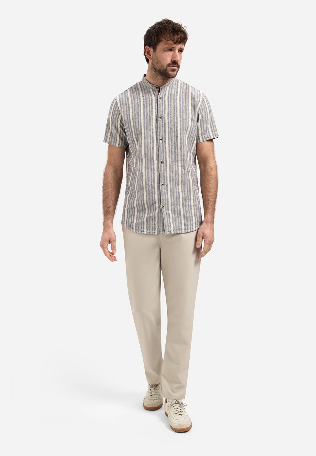 No Excess Cotton Linen Stripe Grandad Collar Short Sleeve Shirt in Blue