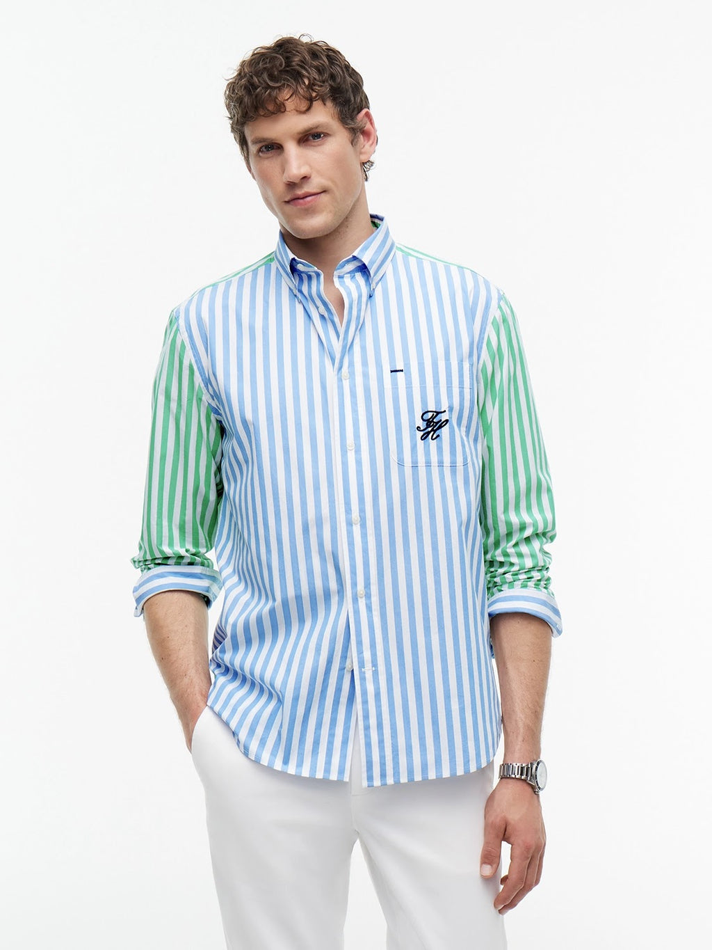 Tommy Hilfiger Paper Touch Embroidered Logo Fun Stripe Shirt in Blue Spell Stripe