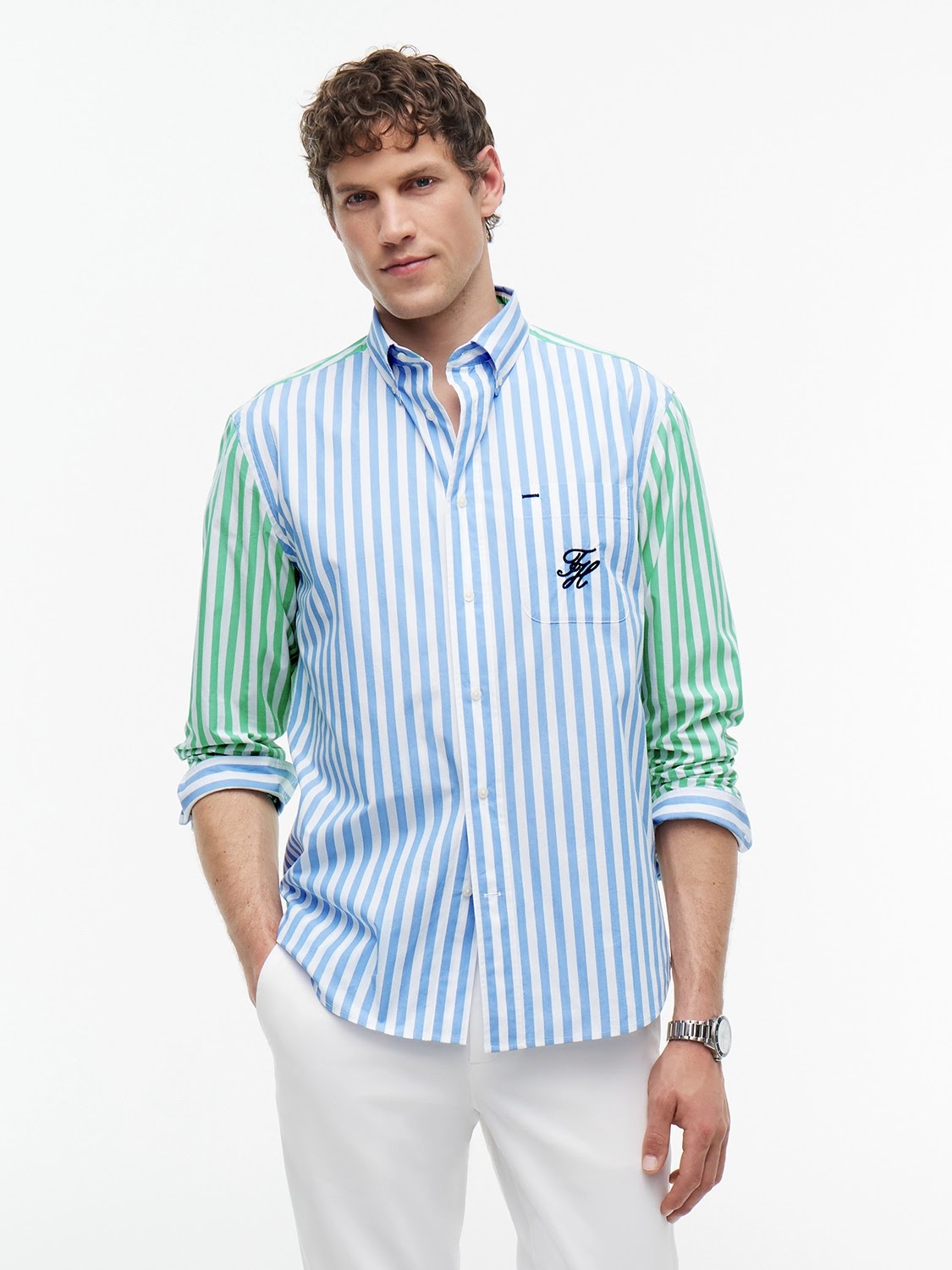 Tommy Hilfiger Paper Touch Embroidered Logo Fun Stripe Shirt in Blue Spell Stripe