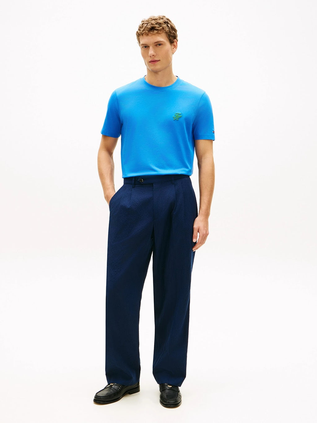 Tommy Hilfiger Script Logo Mercerised Cotton Jersey Tee in Blue Orbit