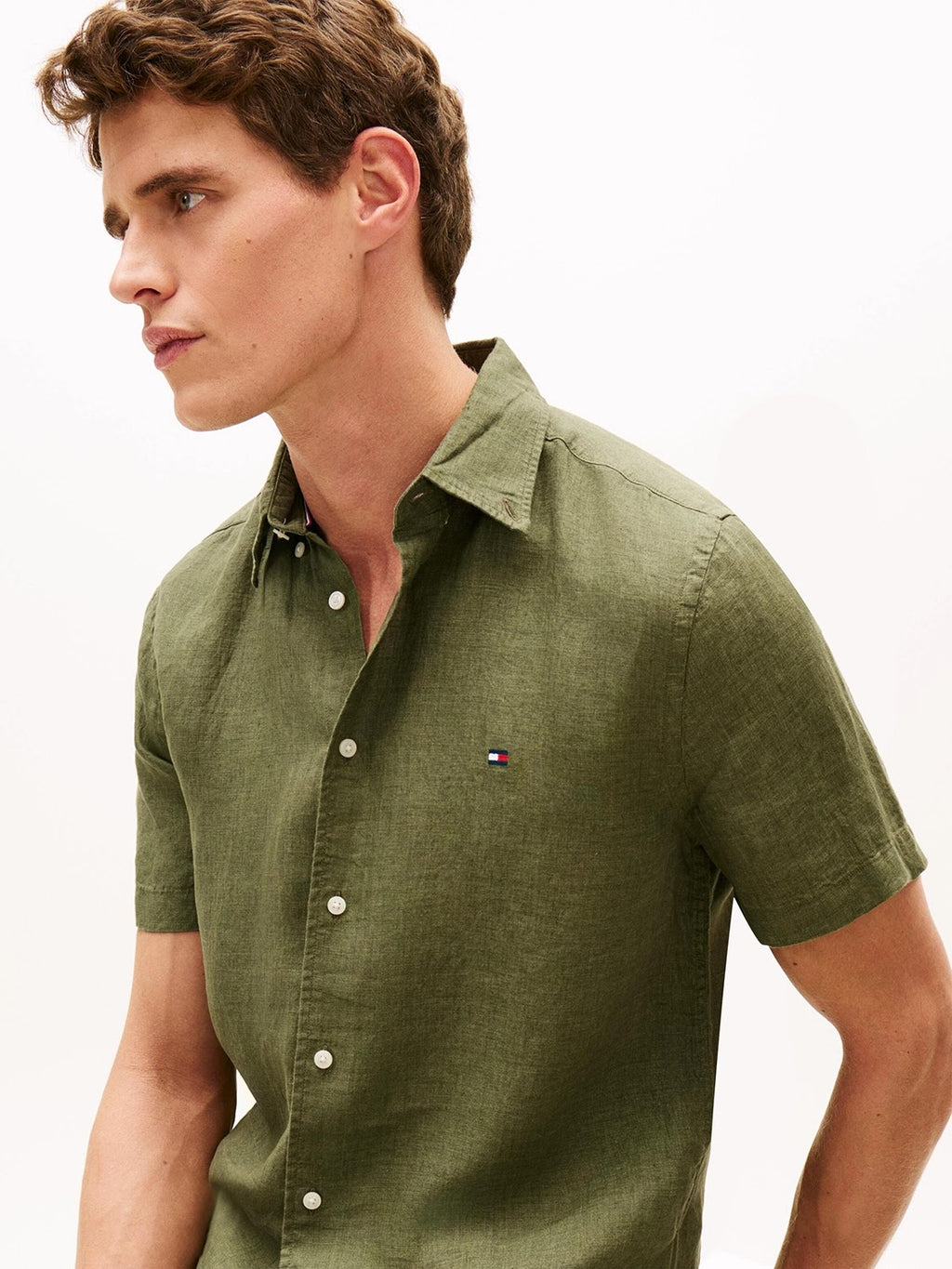 Tommy Hilfiger 100% Linen Short Sleeve Shirt in Dark Artichoke