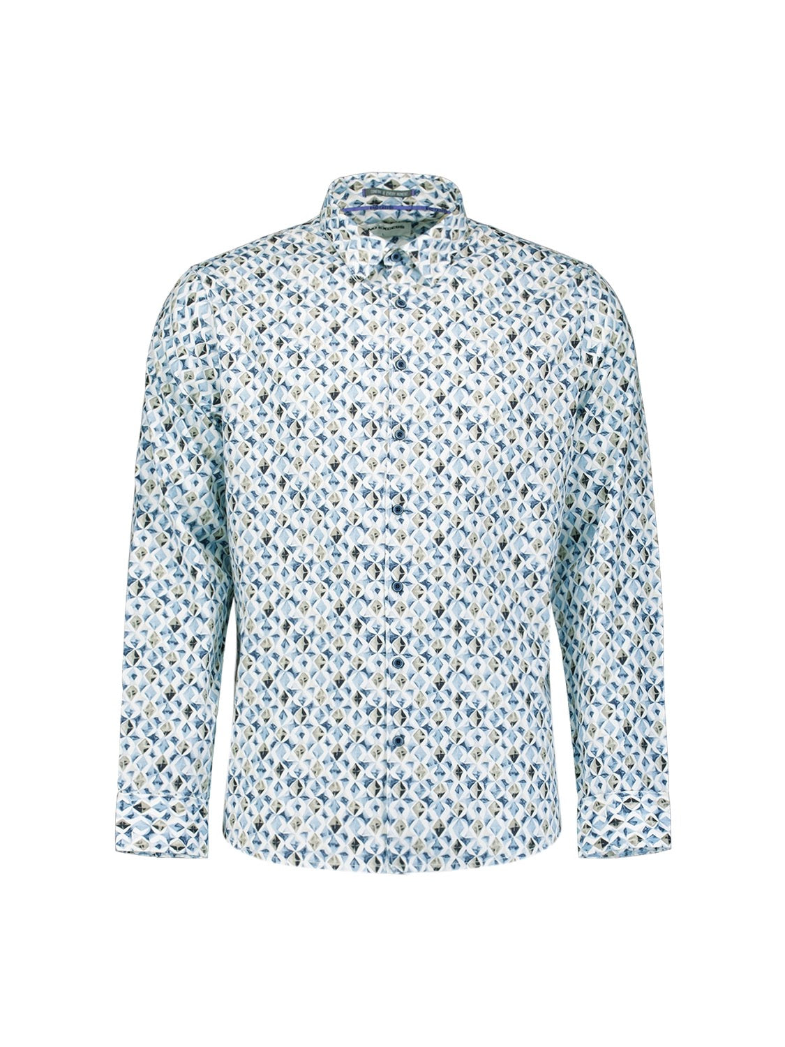 No Excess Printed Stretch Cotton Long Sleeve Shirt in Blue