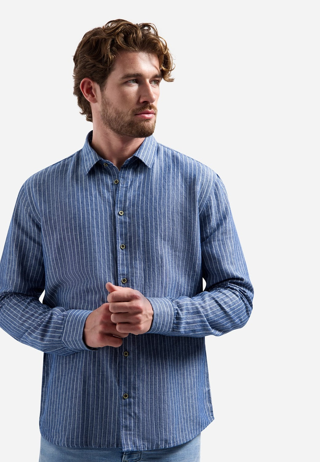 No Excess Linen Fine Stripe Long Sleeve Shirt in Indigo Blue