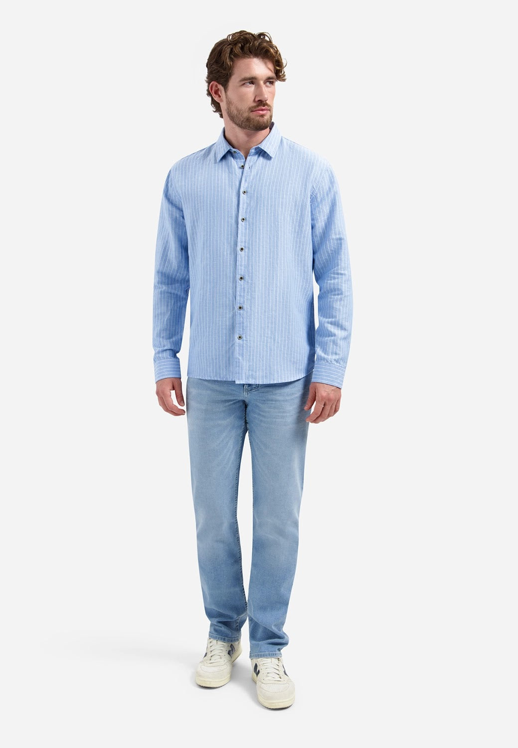No Excess Linen Fine Stripe Long Sleeve Shirt in Blue