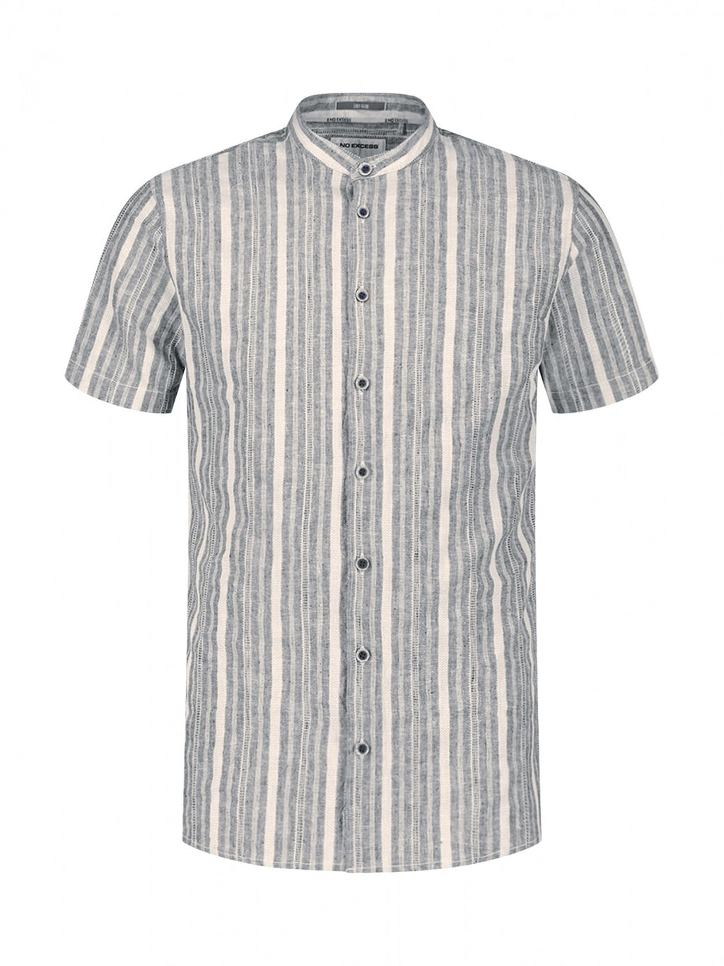 No Excess Cotton Linen Stripe Grandad Collar Short Sleeve Shirt in Blue