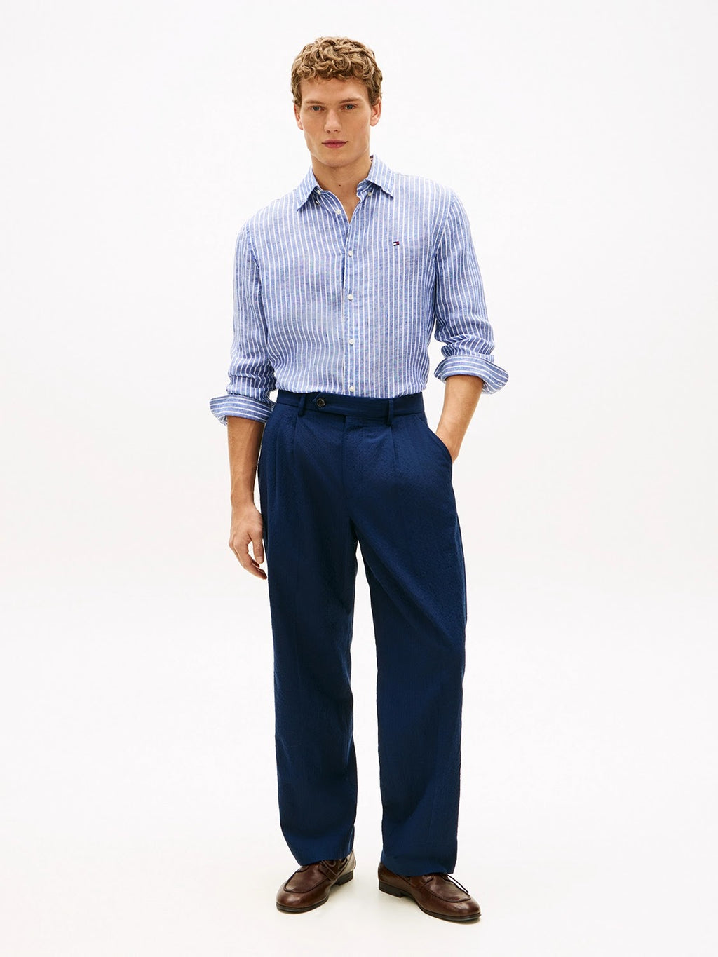 Tommy Hilfiger Linen Bengal Stripe Long Sleeve Shirt in Wedge Blue
