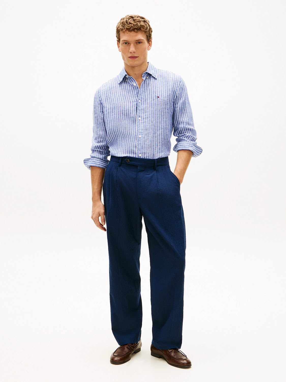 Tommy Hilfiger Linen Bengal Stripe Long Sleeve Shirt in Wedge Blue