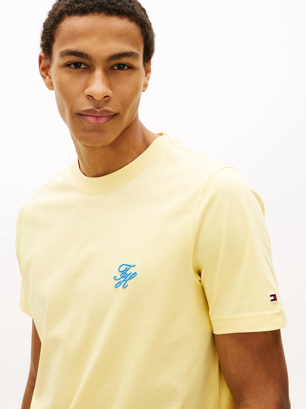 Tommy Hilfiger Script Logo Mercerised Cotton Jersey Tee in Citronella