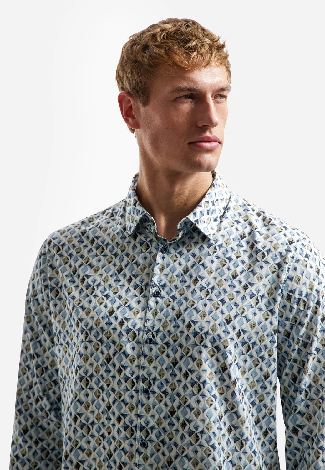 No Excess Printed Stretch Cotton Long Sleeve Shirt in Blue
