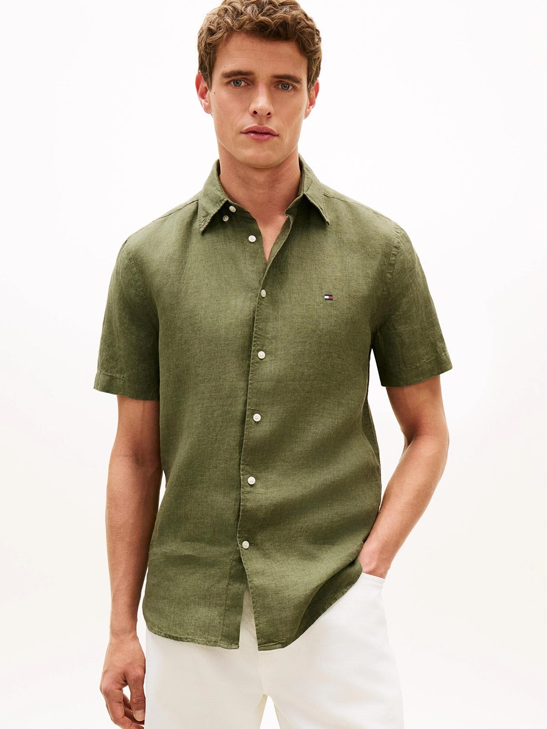 Tommy Hilfiger 100% Linen Short Sleeve Shirt in Dark Artichoke