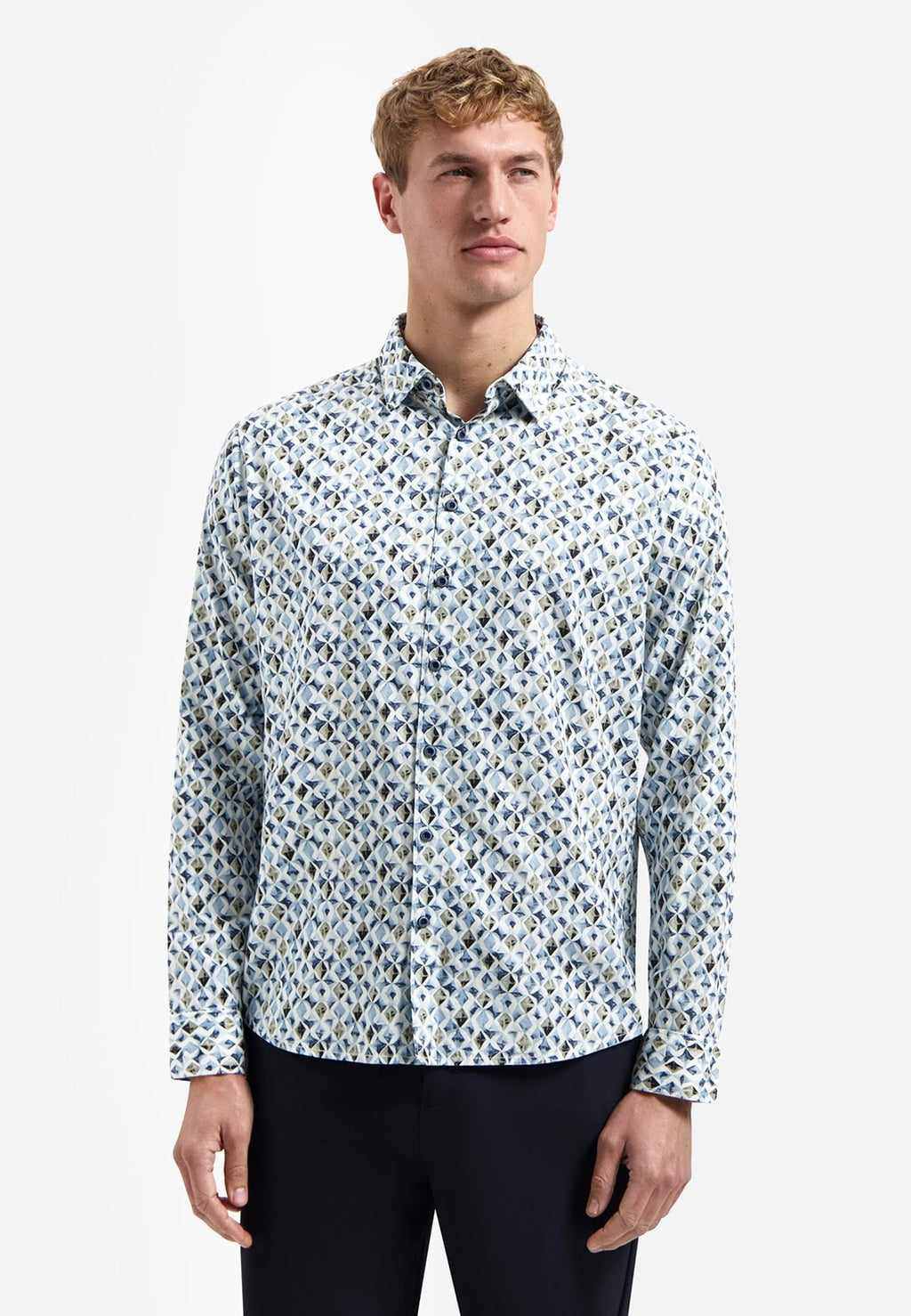 No Excess Printed Stretch Cotton Long Sleeve Shirt in Blue