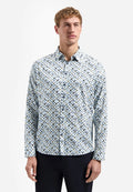 No Excess Printed Stretch Cotton Long Sleeve Shirt in Blue
