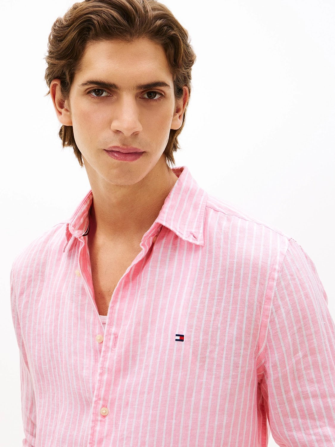 Tommy Hilfiger Linen Bengal Stripe Long Sleeve Shirt in Classic Pink
