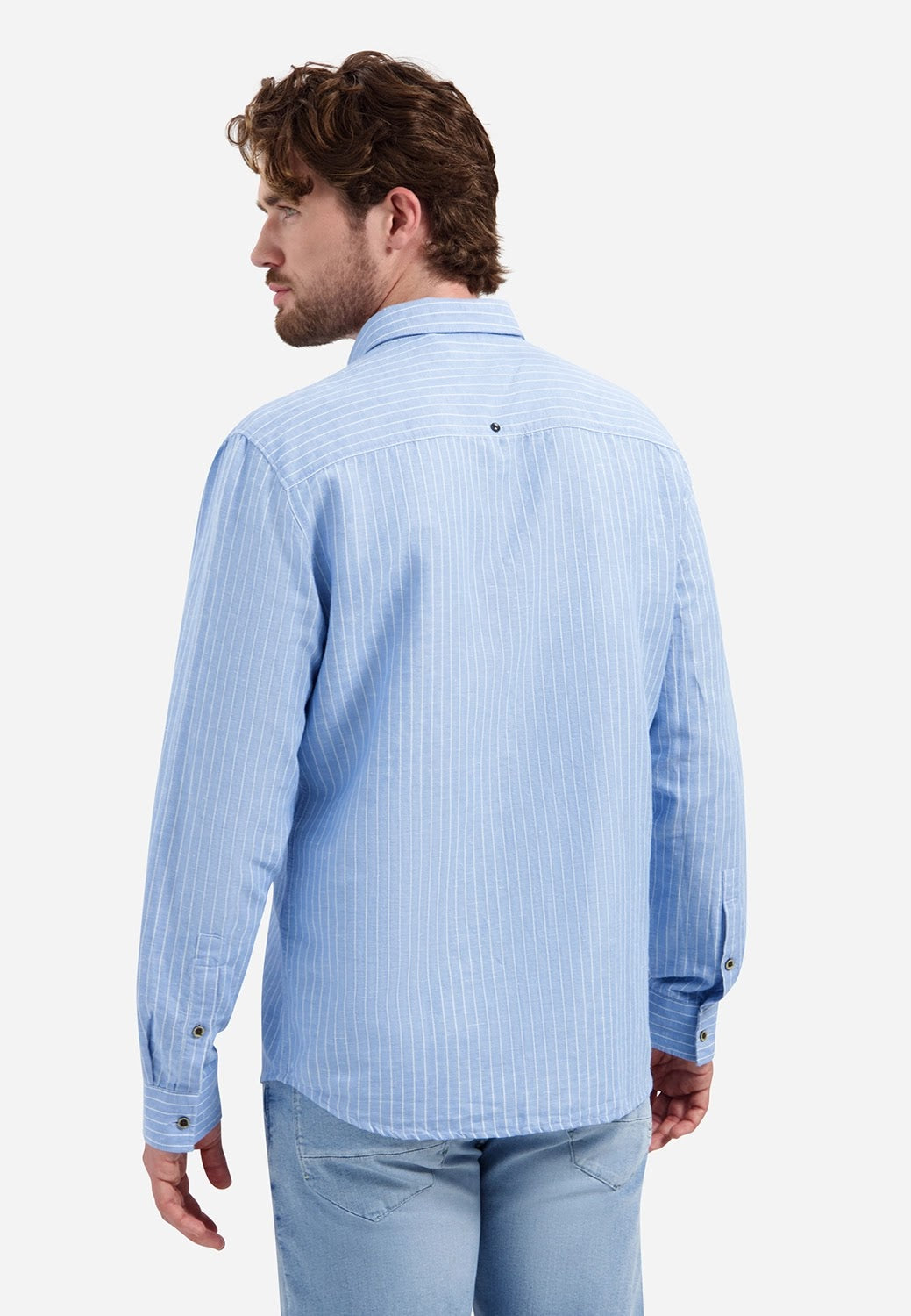 No Excess Linen Fine Stripe Long Sleeve Shirt in Blue