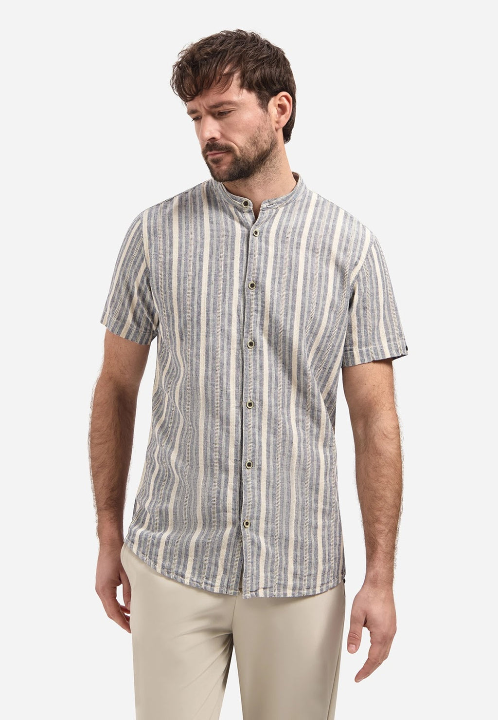 No Excess Cotton Linen Stripe Grandad Collar Short Sleeve Shirt in Blue