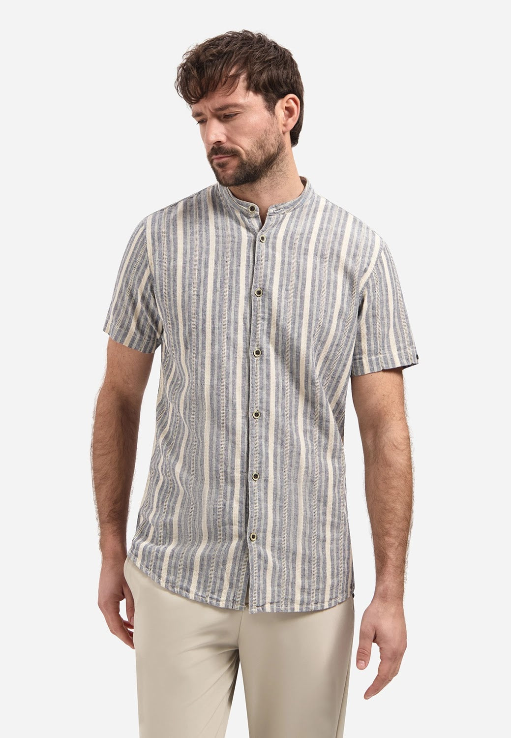 No Excess Cotton Linen Stripe Grandad Collar Short Sleeve Shirt in Blue