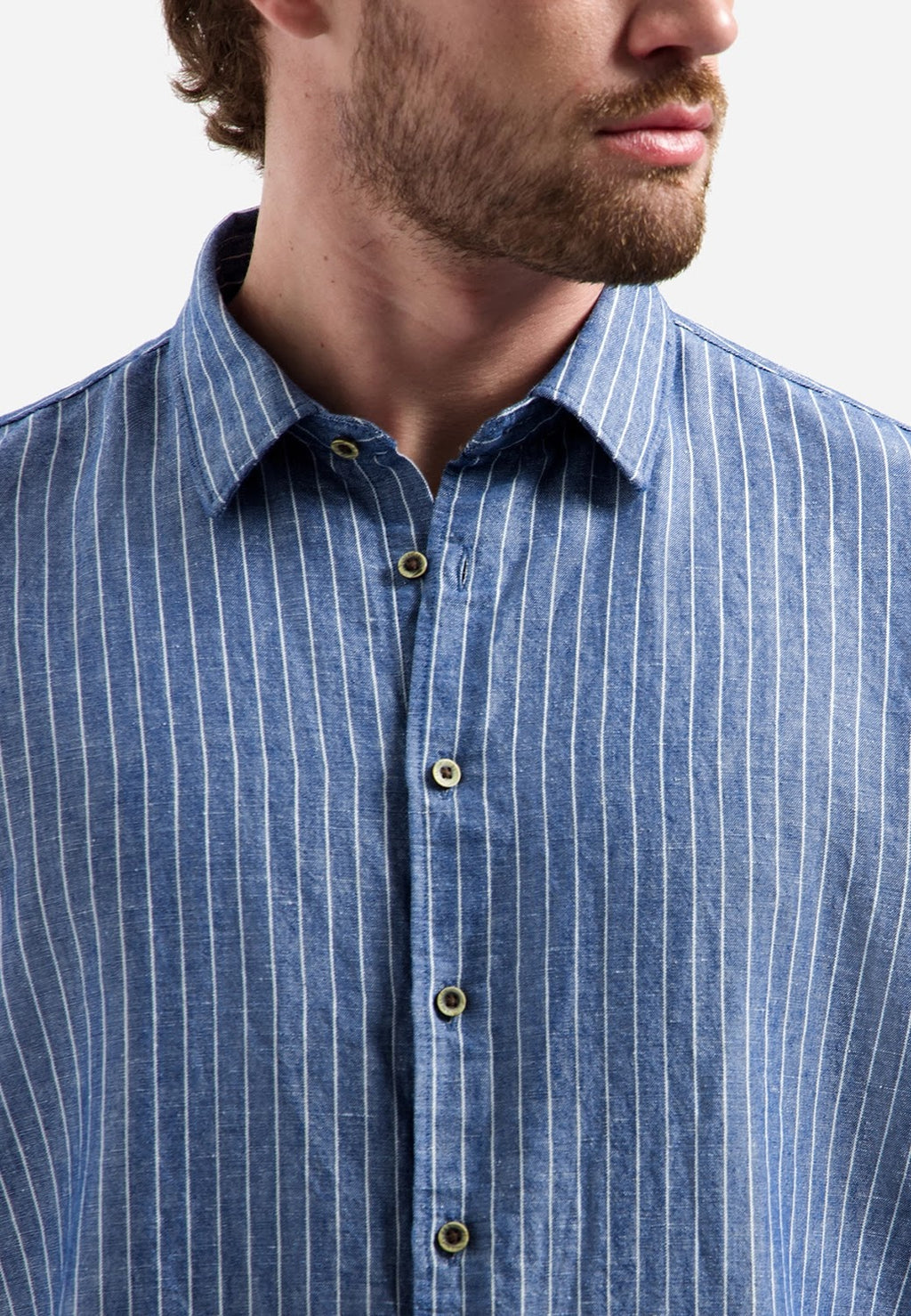 No Excess Linen Fine Stripe Long Sleeve Shirt in Indigo Blue