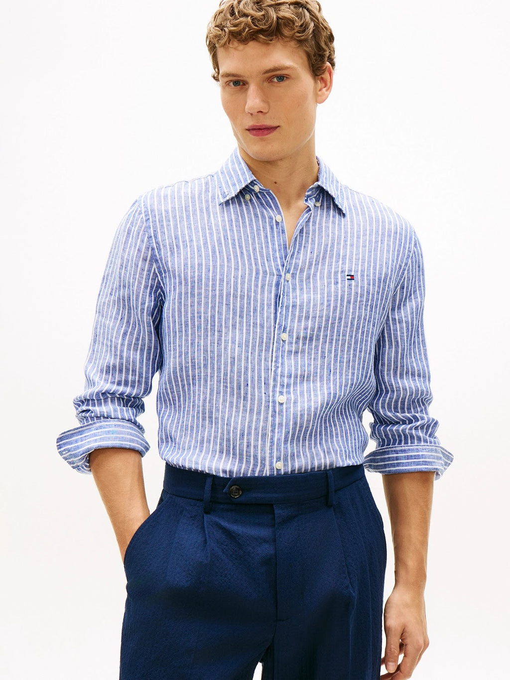 Tommy Hilfiger Linen Bengal Stripe Long Sleeve Shirt in Wedge Blue