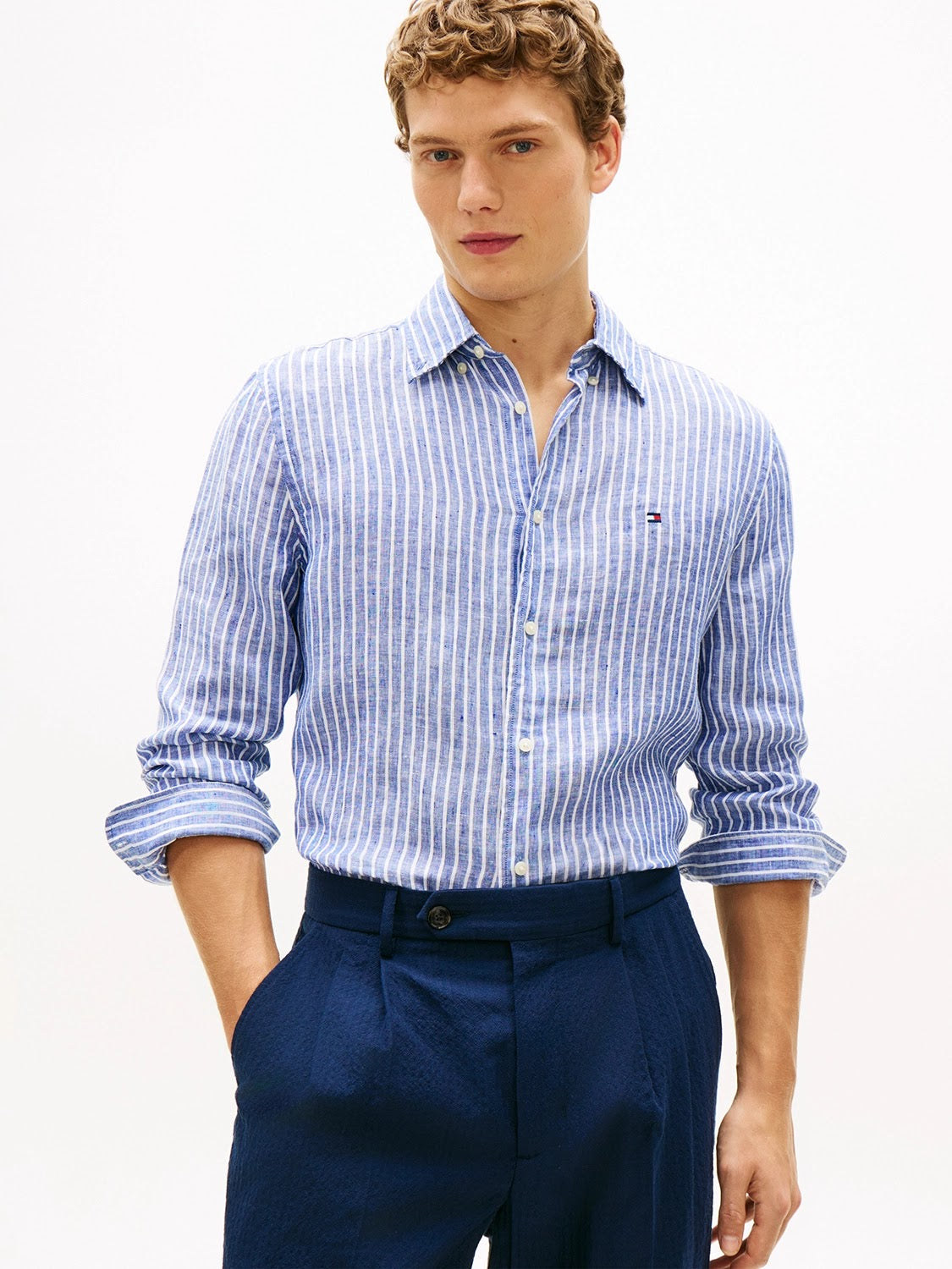 Tommy Hilfiger Linen Bengal Stripe Long Sleeve Shirt in Wedge Blue