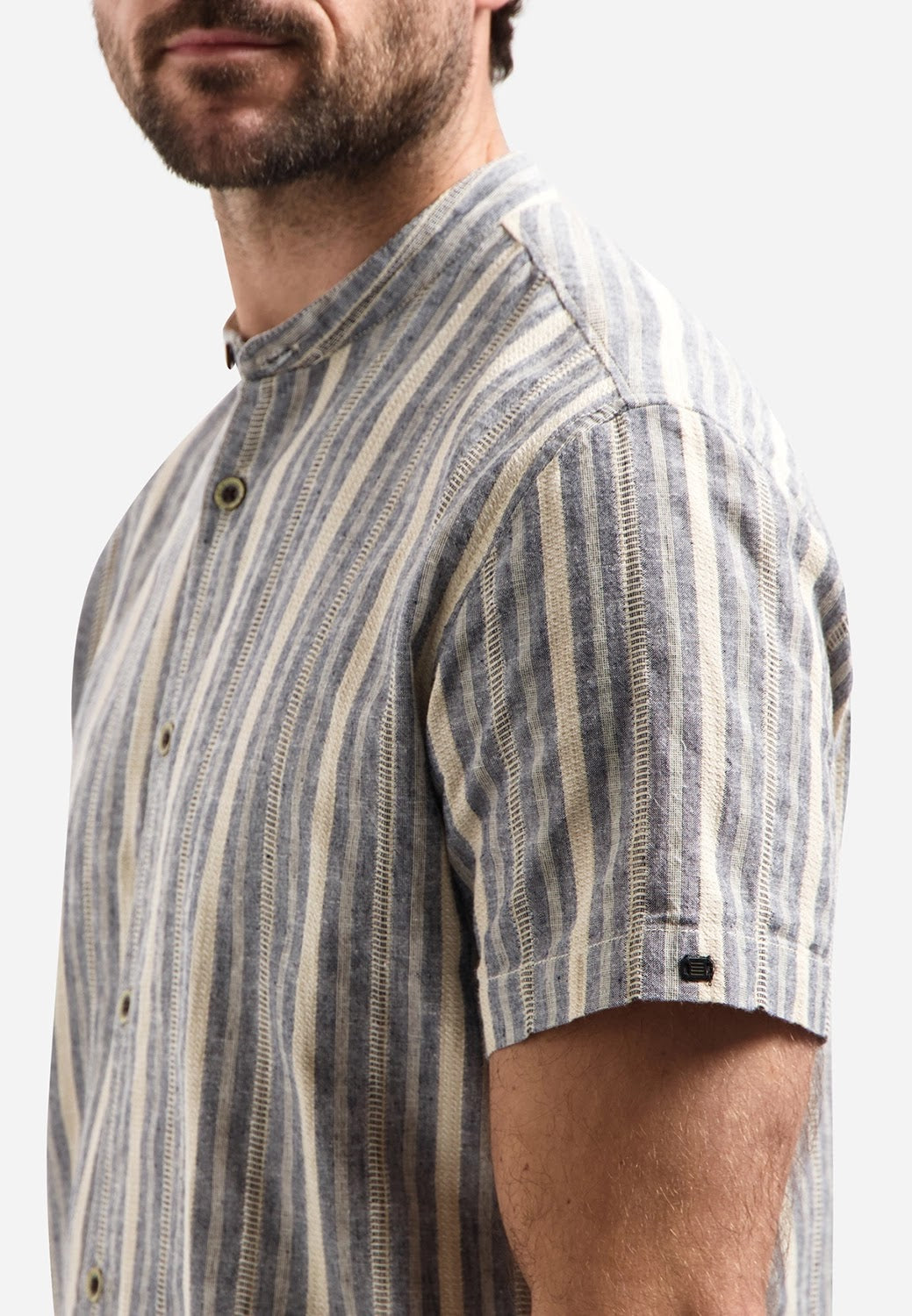 No Excess Cotton Linen Stripe Grandad Collar Short Sleeve Shirt in Blue