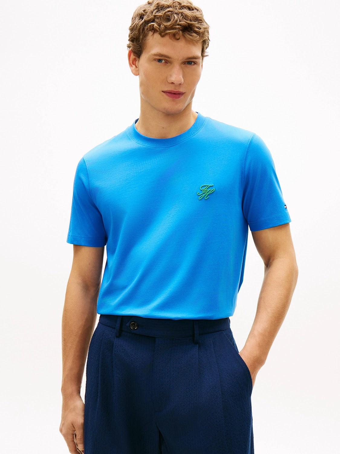 Tommy Hilfiger Script Logo Mercerised Cotton Jersey Tee in Blue Orbit