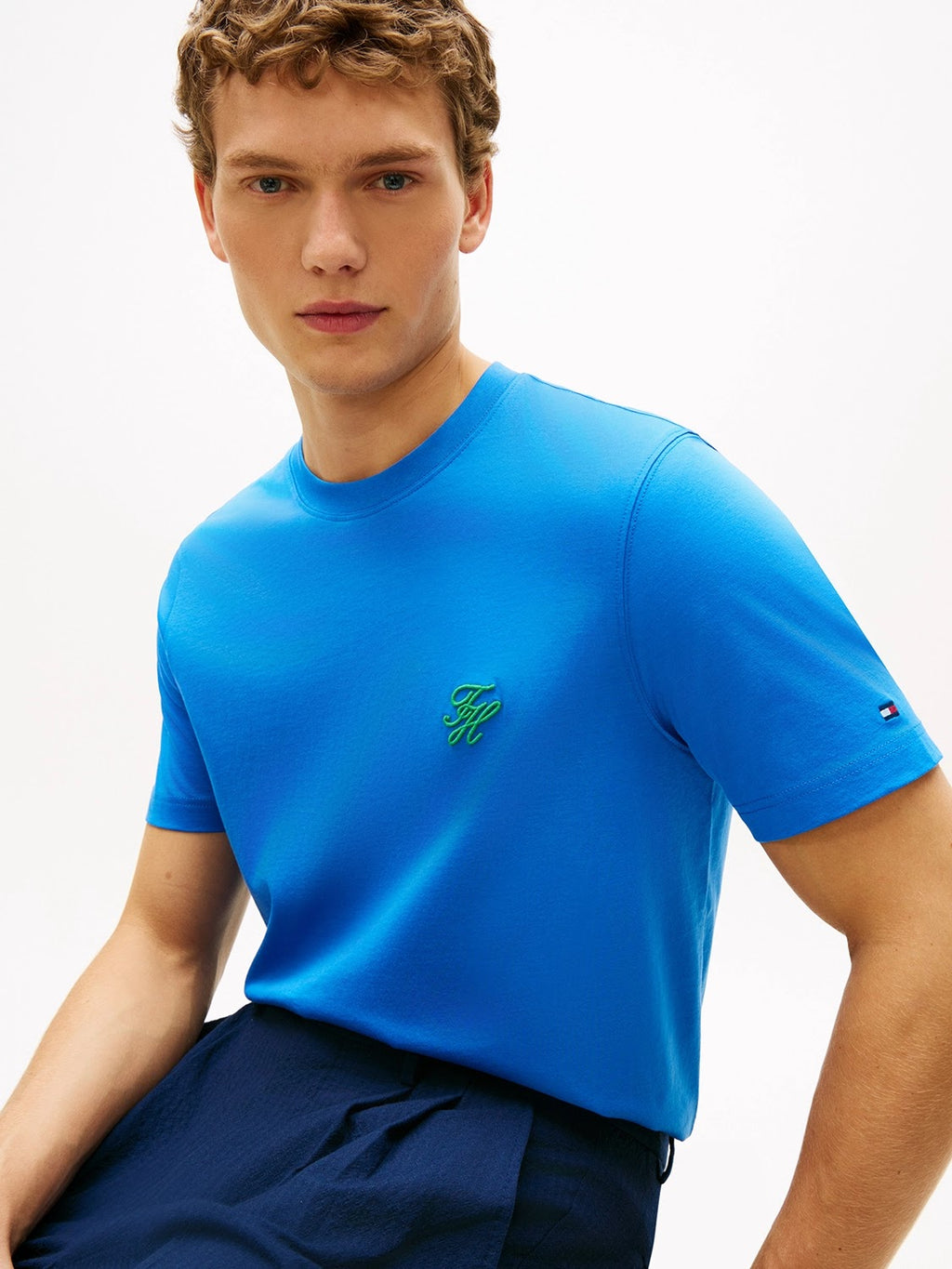 Tommy Hilfiger Script Logo Mercerised Cotton Jersey Tee in Blue Orbit