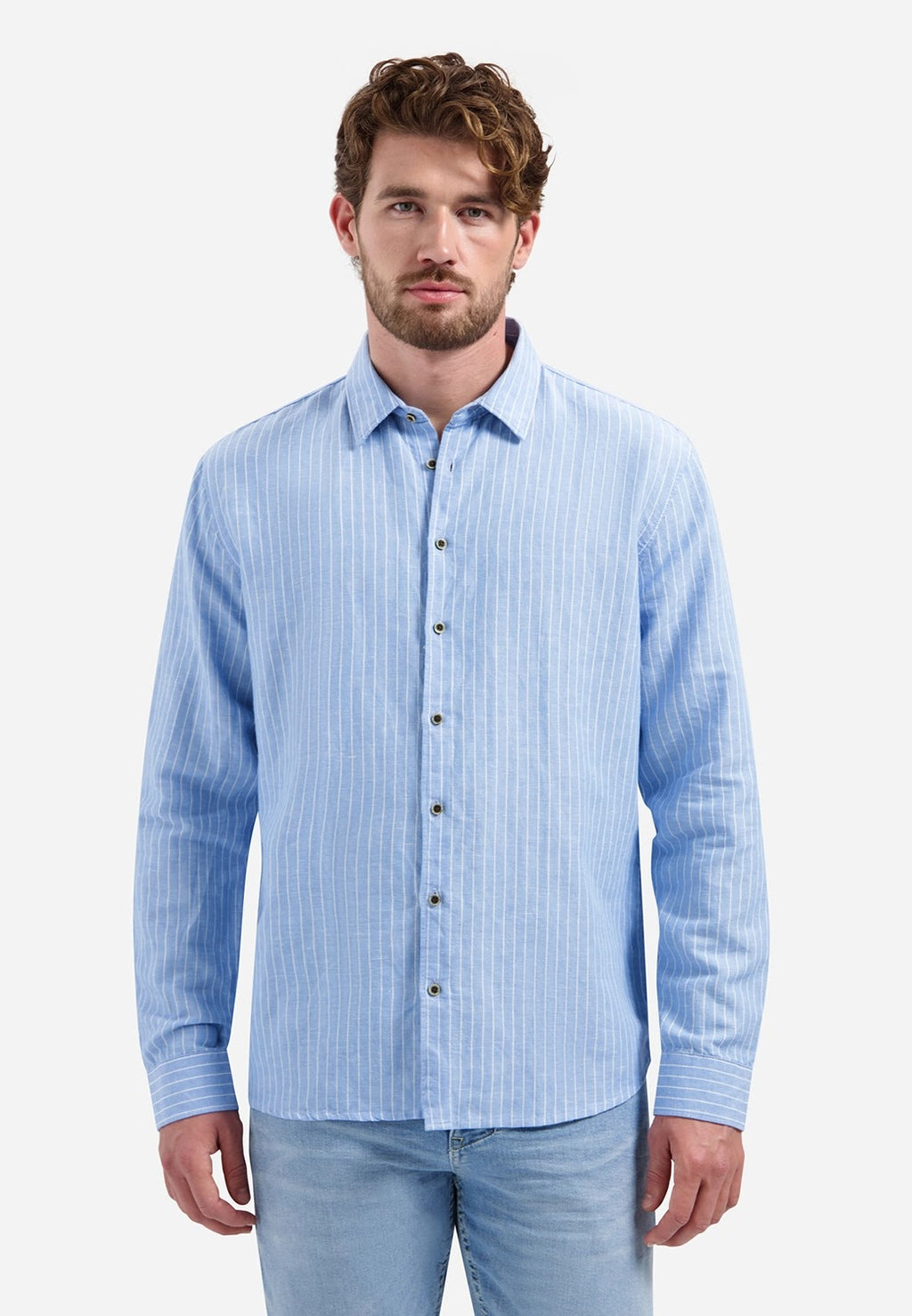No Excess Linen Fine Stripe Long Sleeve Shirt in Blue